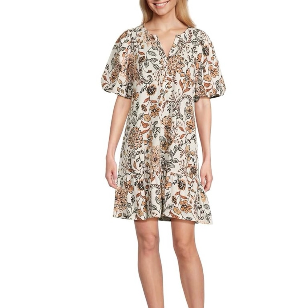 Lilly Pulitzer Cream Floral Puff-Sleeve Tiered Mini Dress